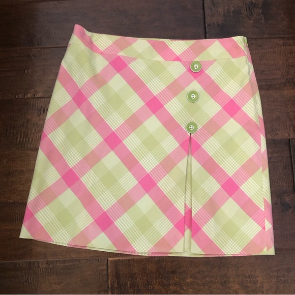 ANN TAYLOR LOFT Pink & Lime Green Plaid Skirt with Lime Green Buttons - Size 12 - Picture 9 of 9
